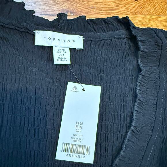 Topshop Women’s 6 Black Lace up Textured Smocked Long Sleeve V-neck shirt Goth - Picture 8 of 10